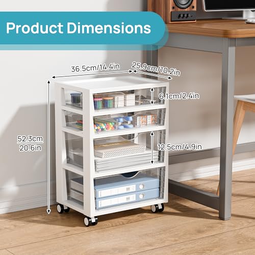 Image of Vtopmart Plastic Drawer Storage Rolling Cart with Wheels, 4-Tier Drawer Organizer for Art Crafts Supplies, Home Office Supplies, Toys, Under Desk Storage for Office, Craft Room, Bedroom, Classroom
