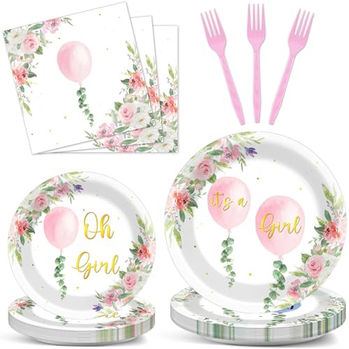 Image of 96Pcs Oh Girl Watercolor Pink Balloon Party Supplies Greenery Girl Baby Shower Tableware Set Pink Flower Party Favor Birthday Baby Shower Parties Plates and Napkins Table Decorations for 24 Guests