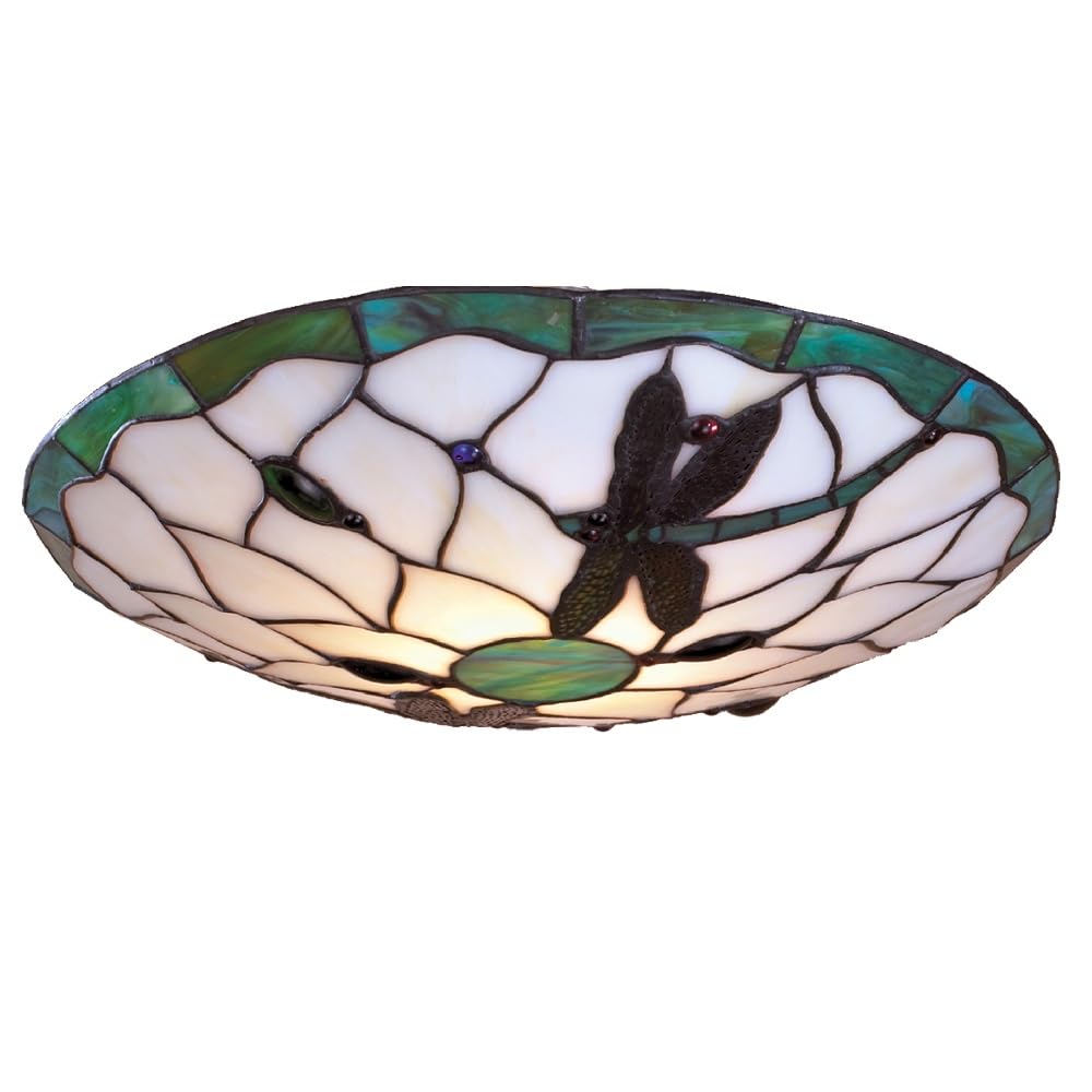 Britalia Tiffany Dragonfly Pendant Shade, Hand Cut Stained Glass, Green & Beige, 35cm, Easy Fit Uplighter