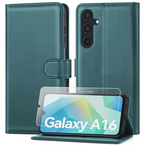 ivencase Coque pour Samsung Galaxy A16 avec Verre Trempé, étui Cuir PU Magnétique [ Pochette de Portefeuille ], Housse de Fonction Stand Video Porte Carte...