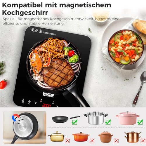YASHE Induktionskochfeld – Einzel Induktionskochplatte, 10-Leistungseinstellung und 10-Temperaturstufen, 2000W Induktionskochfeld 1 Platte, 4-Stunden-Timer, Sicherheitsschloss, Mobil