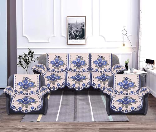 Image of Kuber Industries Cotton 5 Seater Sofa Cover with 6 Arm Cover|Sofa Cover 3 Seater and 2 Seater|Flower Design & Machine Washable (Cream & Blue)