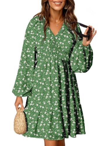 Image of Dokotoo Womens Dresses Boho Floral V Neck Long Sleeve Smocked Elastic Waist Casual A-Line Mini Dress Sundress