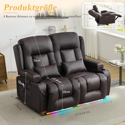 LIFTSHA Zweisitzer Relaxsessel mit Liegefunktion, Fernsehsessel Elektrisch Verstellbar mit Heizung & Vibrierende Massage, TV Sessel Heimkino Sitze mit Mittelkonsole, Kunstleder, Dunkelbraun – Bild 4