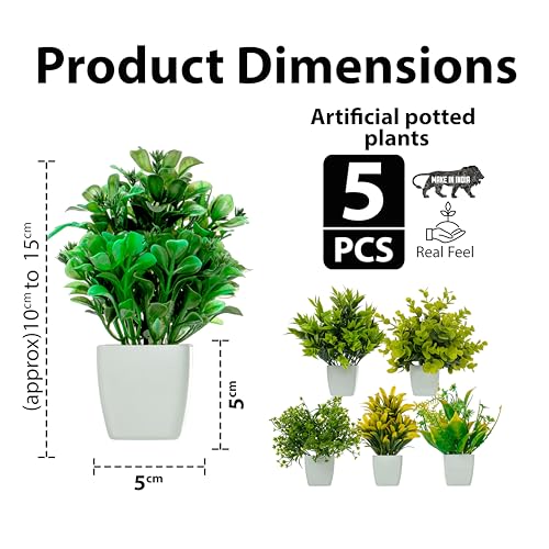Image of JH Gallery Artificial Flowers, Small Indoor Potted Houseplants for Home Decor, Decoration Items for Living Room, Office and Bedroom, Artificial Plants with Pot (Pack of 5)