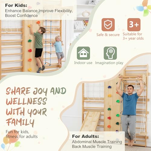 Image of 10-in-1 Swedish Ladder Indoor Jungle Gym for Kids Ages 3-12, 500 LBS Wooden Wall-Mounted Climbing Set with Slide, Swing, Rings, Monkey Bars - Montessori Play & Fitness Playground