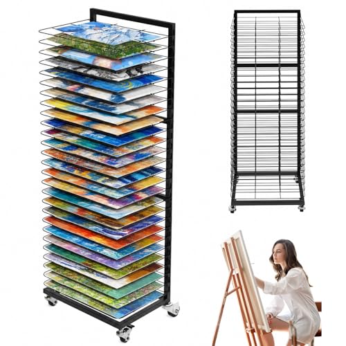 WSHPY Art Drying Rack 27 Removable Shelves Mobile with Locking Wheels Heavy-Duty Metal Paint Drying Stand for Canvas Artwork Classroom Art Studio School