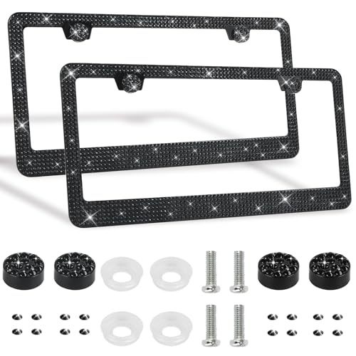 2 Pack Bling License Plate Frames Premium Sparkly License Plate Frame for Women Durable Black Bling Car Accessories