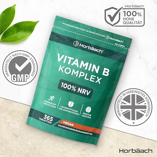 Vitamin B Komplex Hochdosiert | Alle 8 B-Vitamine: B1, B2, B3, B5, B6, B7, B9 und B12 | 1 Jahr Vorrat - 365 Vegane Tabletten | von Horbaach