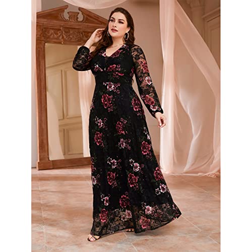 TOLEEN Women's Plus Size Dress V Neck Rose Embroidery Mesh Elegant Formal Maxi Dresses2