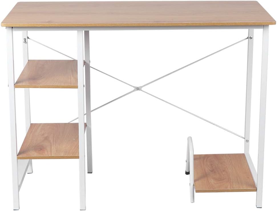 Study Table with Shelf, Industrial Style Computer Table Modern Computer Desk Computer Workstation with 2 Tier Shelf Metal Frame for Home Office(Marron)