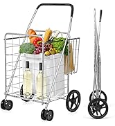Safstar Folding Shopping Cart, Metal Grocery Cart w/Extra Basket & 360° Swivel Wheels & Non-Slip ...