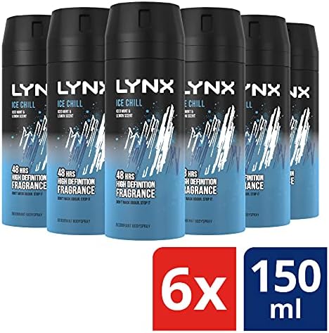 Lynx Ice Chill 48 hours of odour-busting zinc tech Aerosol Bodyspray iced mint & lemon deodorant for Men 150 ml Pack of 6