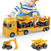 Mostop Large Flatbed Semi Truck Toy for Kids, 25.6'' Construction Carrier Semi Truck with Excavator and Dump Trucks, Friction Powered Flatbed Semi Kids Toy with Light & Sound