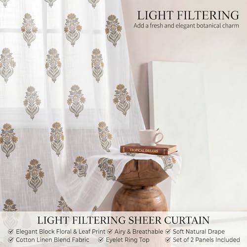 Image of LINENWALAS Decorative Cotton Linen Sheer Curtains 9 Feet for Long Door -Block Printed Door Curtain | Grommet Hanging Style Pack of 2 Panels |Light Filtering Sheer Drapes (Golden Willow)