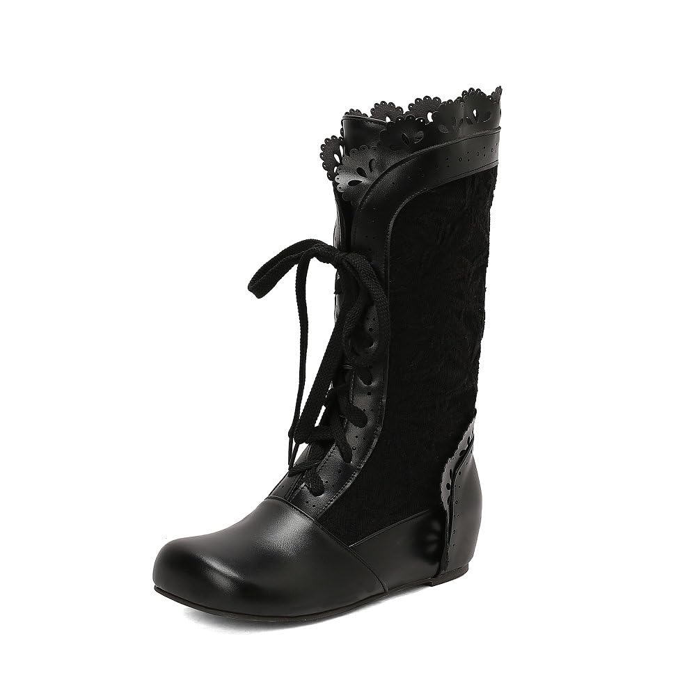 Stylish Women Victorian Boots Perforated Ruffles Lace up Cosplay Costumes Vintage Gothic Halloween Witch Height Increasing Shoes