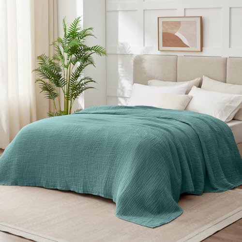 Image of 100% Cotton Muslin Blanket King 108 inch x 90 inch, 6 Layers Breathable and Lightweight Cotton Throw Blanket for Bed, Soft Quilt Bedspread Coverlet, Gauze Blanket for Adults All Season, Teal