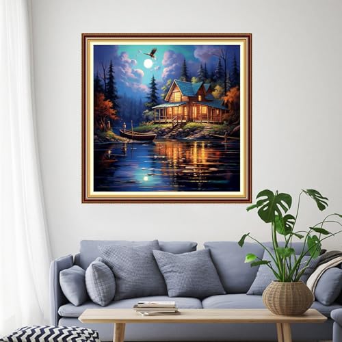 Image of Funchey Stamped Cross Stitch Kits, DIY Cross Stitch Pattern for Adults Beginners Needlepoint Kits Embroidery Kit Arts and Crafts 11CT- Night View by the Lake 18x18 inch
