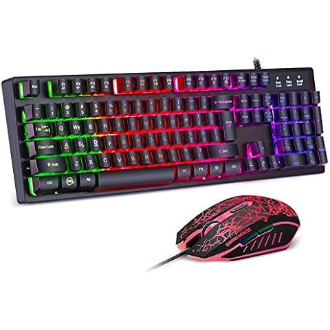 BAKTH Multiple Color Rainbow LED Backlit Mechanical Feeling Wired Gaming Keyboard and Mouse Combo, USB Keyboard with 7 Colors Mouse for PC Windows Mac Game and Work Cover