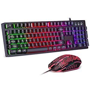 BAKTH Gaming Tastatur und Maus Set, LED Hintergrundbeleuchtung QWERTZ DE Layout, Regenbogen Farben Beleuchtete Wasserdicht USB Wired Tastatur und Maus für Pro PC Gamer
