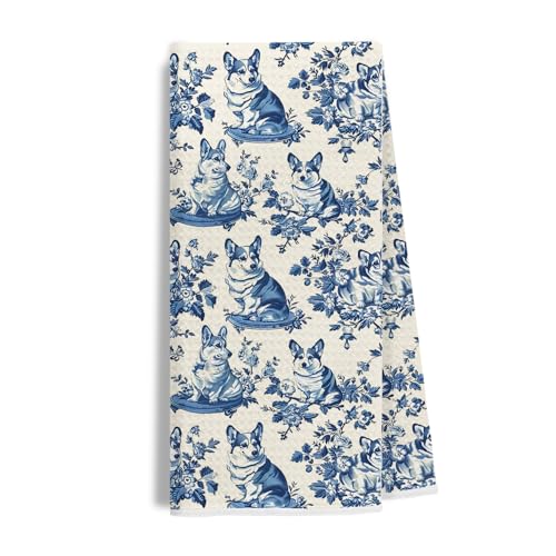 Image of Chinoiserie Corgi Dog Kitchen Towels, Gifts for Corgi Lovers Dish Tea Towels for Kitchen Decor, Grandmillennial Toile de Jouy Dog Decorative Hand Towels for Bathroom, 16x24 Inch