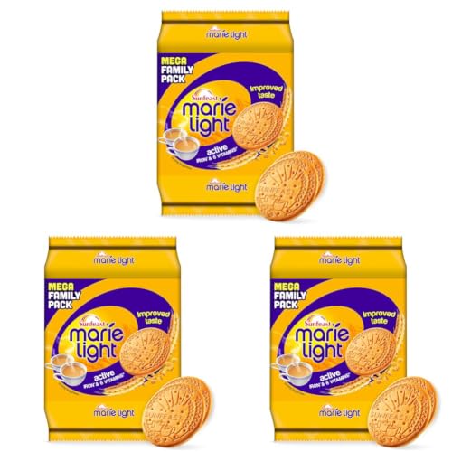 Image of Sunfeast Marie Light Active, Marie Biscuits with Iron and 6 Vitamins, Tea-Time Biscuits Family Pack, Wheat, 956G /1KG (Pack of 3)