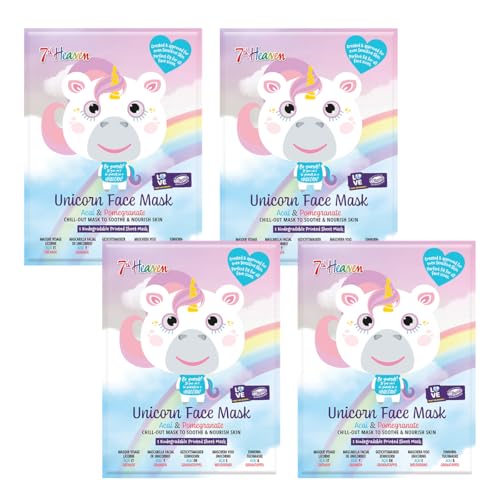 7th Heaven Unicorn Face Mask Gift Set (4 Kids Face Masks). Hydrating for Sensitive Skin Childrens Age 8+ Cruelty Free Sheet Masks - Genuine 7th Heaven Face Masks Skincare