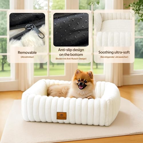 CareCooo Hundebett Kleine Hunde & Katzen Waschbar - Flauschiges Hundekörbchen mit Abnehmbarem Bezug - Rutschfestes Hundekissen & Welpenbett, Weiches Kunstfell, Rechteckig, Weiß, Größe S (50x48x15cm)