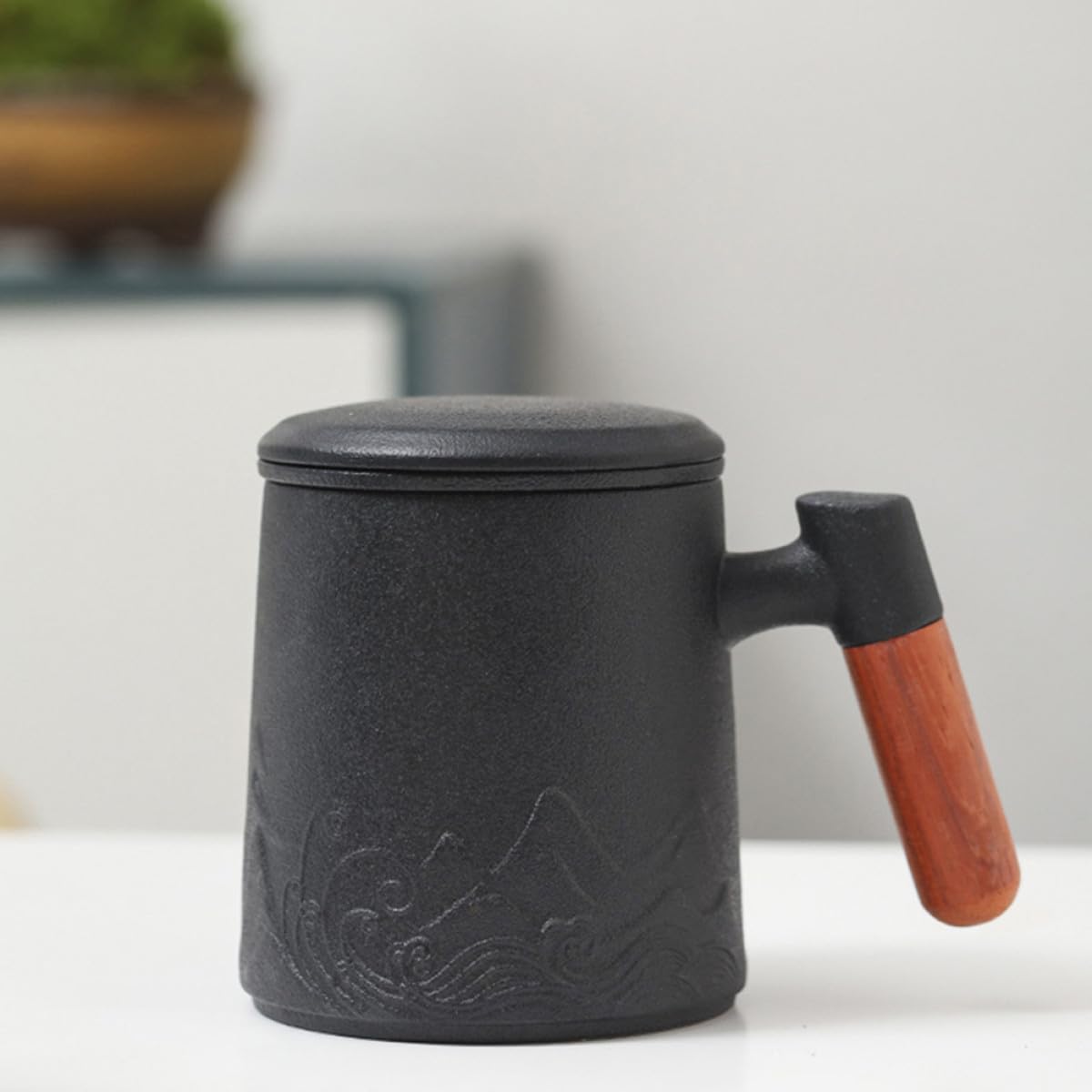 Mug en Céramique 400 Ml avec Anse en Bois et Couvercle, Tasse à Thé avec Infuseur Intégré, Mug à Café Lait pour Bureau et Maison, pour Infusion et Boissons Chaudes