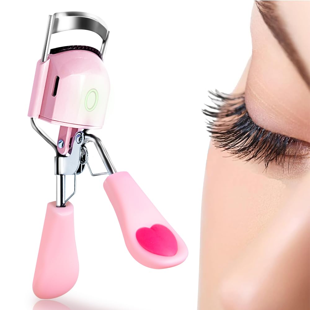 Pinkiou Rizador de pestañas con calefacción para mujer, rizador de pestañas eléctrico con temperatura de carga USB, almohadilla de silicona ajustable para calentamiento rápido para pestañas