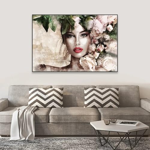 Tableau femme aquarelle fleurs décoration murale chambre salon toile encadrée