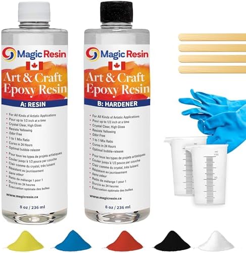 Epoxy Resin Kit for Art & Craft | 16oz (473ml) | UV Resistant | Clear Epoxy Resin | Jewelry, Earrings, Coasters, Casting, Molding, Crafting & more | Includes 2 pairs of gloves, 2 cups, 4 sticks & mica