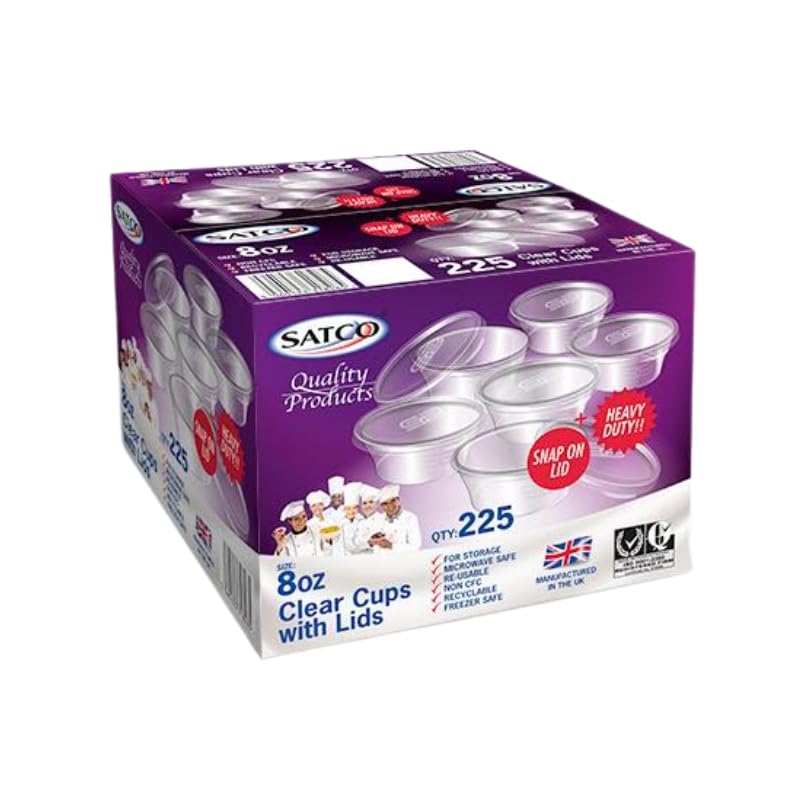 encase 25 Pack Satco Plastic Round Cups with Lids for Takeaway, Satco Food Containers, Leakproof, Plastic Cups for Storage, Sauces, Dips, Salads, Chutney, Restaurants, Catering (8oz)