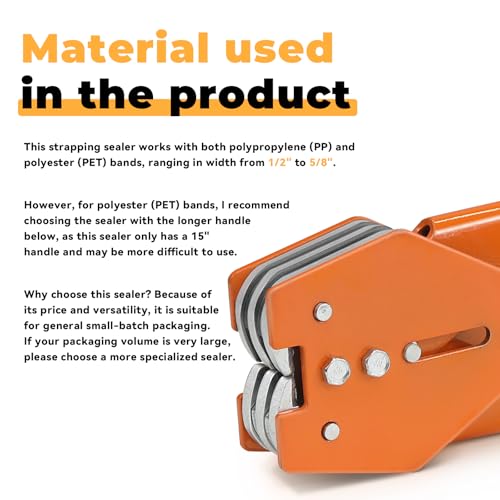 Image of Strapping Sealer /Crimper for 1 /2 inch-5 /8 inch Polypropylene (PP) Polyester Strapping Band Manual Banding Tool with 15 inch Extended Handle(Orange)
