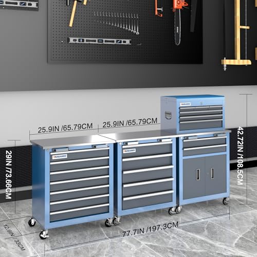 Image of LARBANKE 20 Drawer Rolling Tool Chest Combo,Tool Cabinet with Stainless Countertop, Modular Tool Chest with Locking Drawers and Connection Parts, 360 Swivel Braking Wheels & Padded Feet, Blue