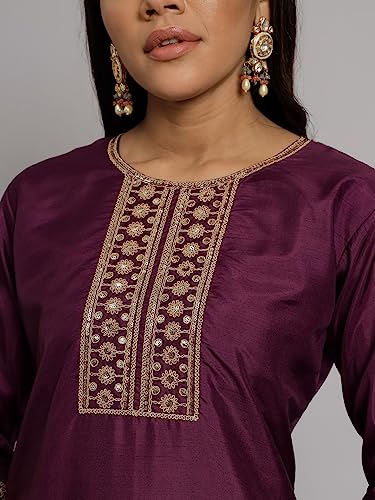 Image of VredeVogel Women's Silk Blend Embroidered Kurta with Pant & Nazneen Dupatta Set