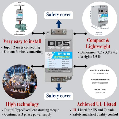 Image of DPS Single to 3 Phase Converter, MY-PS-10 Model is Used for a 7.5HP(5.5kW) 23Amps 200-240V 3 Phase Motor, Input /Output 200V-240V, UL /CE Certified