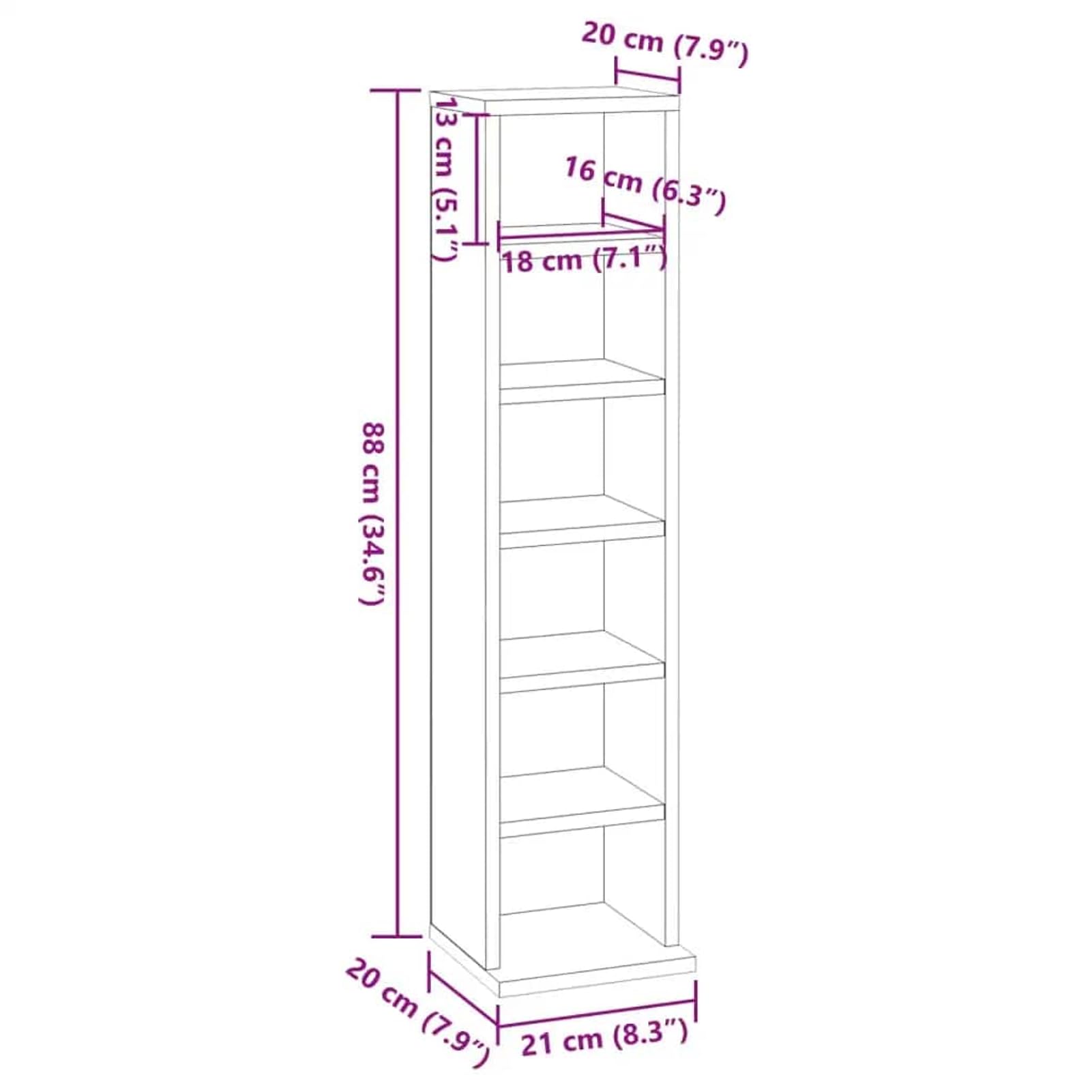 Gecheer CD-Schrank, Weiß, 21x20x88 cm, aus Holzwerkstoff mit 6 offenen Fächern für CDs, Schallplatten und Zubehör, ideal für Wohnzimmer, Büro oder Schlafzimmer