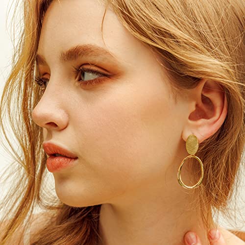 Ozel Teardrop Earrings Brushed Finished Dangle Earrings - 14K Yellow White Gold Plated Long Drop Dangle Earrings - High Polished Statement Jewelry Gift For Women Teen Girls– Teardrop Oval Round Square Circular Semi-Circular Geometry Shape (G302319) #TOP2