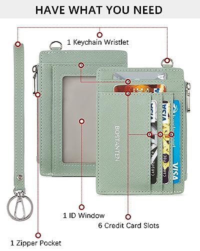 BOSTANTEN RFID-Blocking Small Wallet for Women - Slim Leather Credit Card Holder with Keychain and Zipper Pocket in Light Green - Image 2