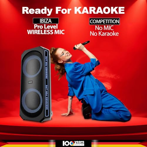 Image of Blaupunkt Rock & Roll Ibiza 180W RMS Party Speaker with Dual 8 inch Woofers, Recording Button, Animated Text Display, Bass Boost Button, Wireless UHF Mic, Echo Reverb Control & Portable Wheels