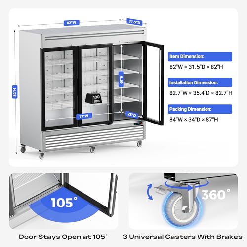 Image of Coolake 82 inch Commercial Freezer 3 Glass Doors, 72 Cu.ft Stainless Steel Reach-in Merchandiser Display Freezer with LED Light, -8 to 0℉ Fan Cooling Upright Freezer for Restaurant Kitchen Garage Store