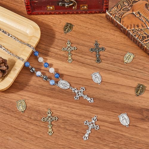 SUNNYCLUE 1 Box 60Pcs 6 Styles Rosary Cross Charms Crucifix Charm Easter Holiday Antique Silver Gold Bronze Oval Chandelier Links Rosary Bead Findings for jewellery Making Charms Supplies DIY Necklace - Image 4