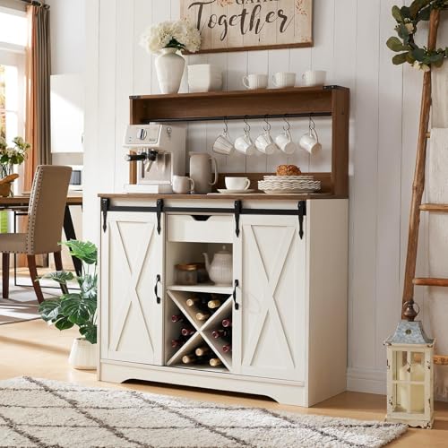 Wnutrees Farmhouse Coffee Bar Cabinet with Charging Station and USB Ports,Sliding Barn Door,39