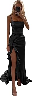 Square Neck Satin Bridesmaid Dresses for Women Long Ruffle Spaghetti Strap Prom Party Gown with Slit - Buy now
