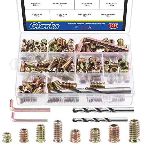 Glarks 134Pcs 1/4-20 5/16-18 Furniture Screw in Nut Threaded Inserts Assortment Kit, 10/12/15/20/25mm Wood Inserts Bolt Fastener Connector Hex Socket Drive with Twist Drill and Hex Wrench Set