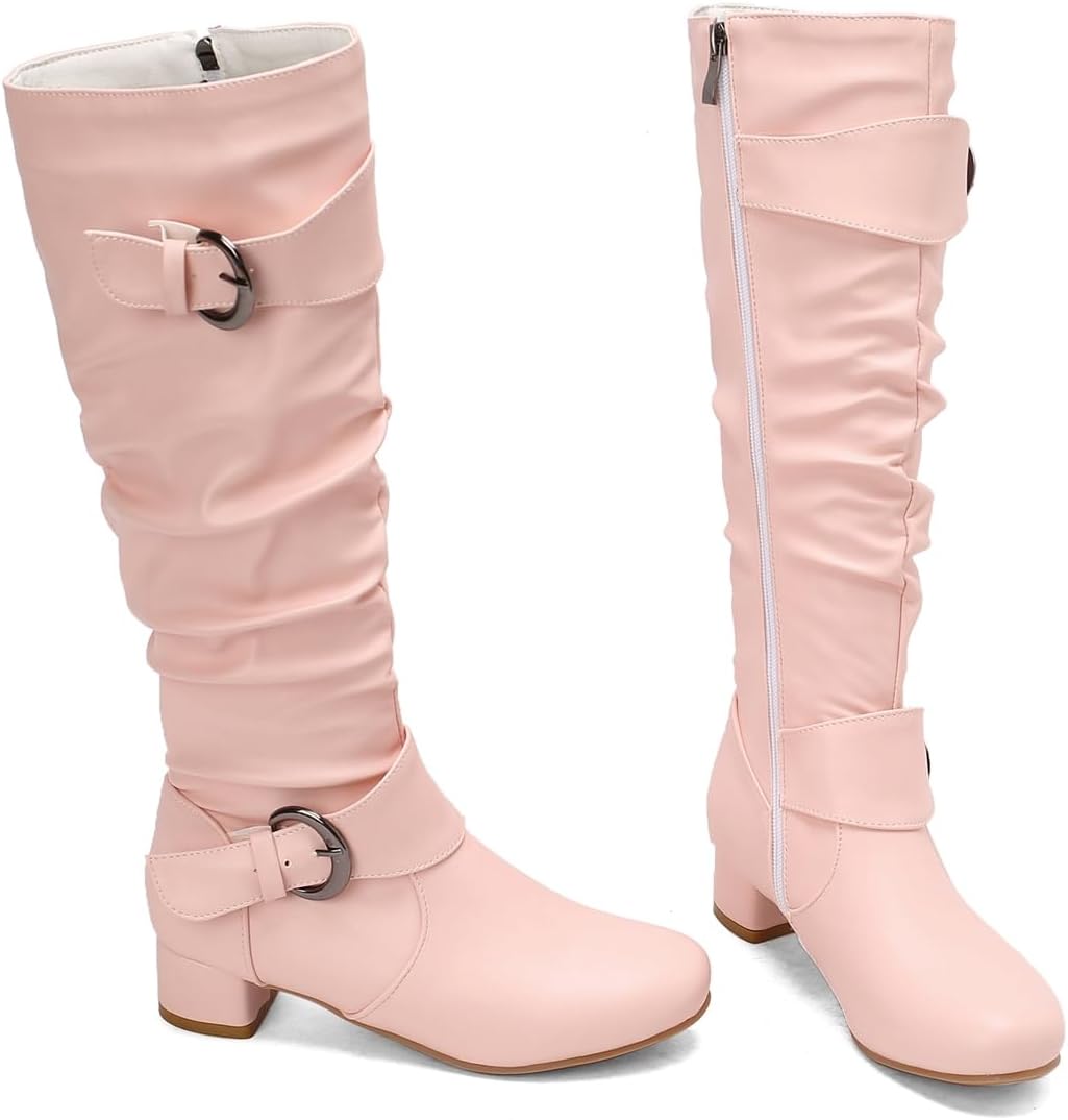 Knee High Slouchy Boots For Womens Round Toe Zipper Buckle Low Heels Tall Long Wide Calf Dressy Boot