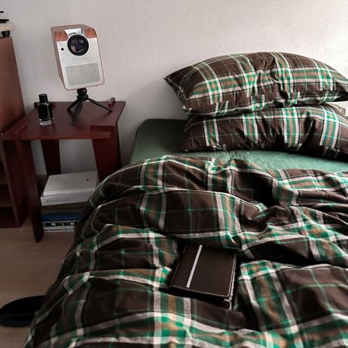 Image of LifeTB Queen Comforter Set Brown Green Plaid Comforter Set, 3 Pieces Vintage Plaid Checkered Comforter with 2 Pillowcases, Fluffy Soft Breathable Grid Pattern Farmhouse Gingham Bedding Set Queen