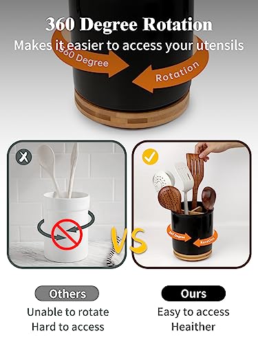 Image of LoeJan 3 Compartment Utensil Holder, Extra Large Utensil Crock, Stable Ceramic Utensil Organizer, Cooking Tool Organizer Set for Kitchen Counter Farmhouse Decor (D-Black(Grossy))
