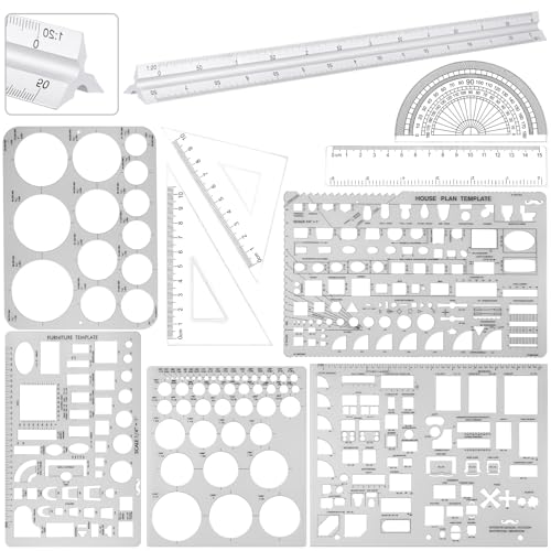 Zonon 10 Pcs Plastic Drawing Template Ruler Geometric Drawing 12 Inch Triangular Aluminum Architect Scale Measuring Templates Building Geometric Kit Plastic Ruler for Drafting(Clear, Vibrant)
